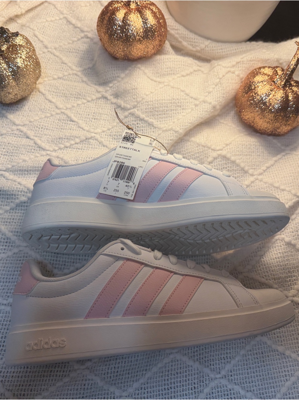adidas Women's White Sneakers with Light Pink Stripes